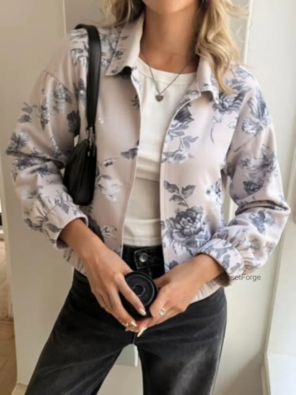 Floral Zip-up Bomber Jacket Denim Long Sleeve Trendy Vintage
